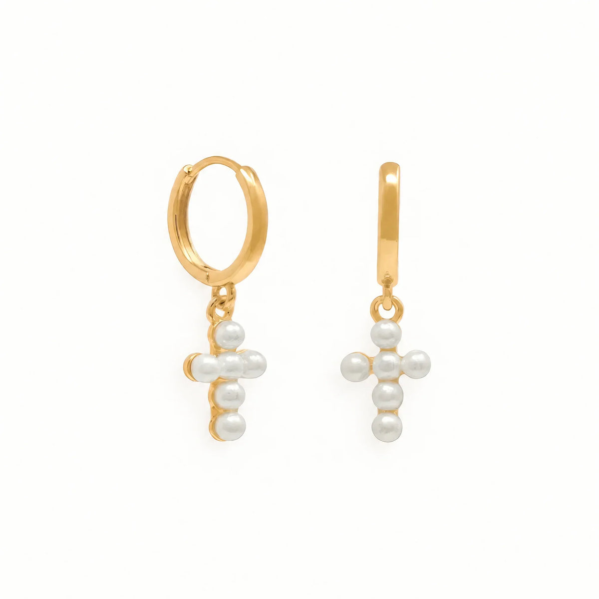 Women’s Huggie Earrings with Cross Pendant and Pearl Details