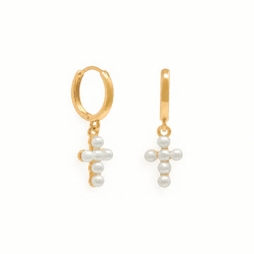 Women’s Huggie Earrings with Cross Pendant and Pearl Details