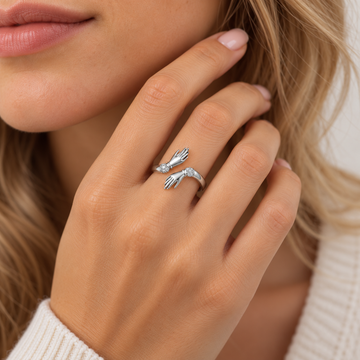 Women's Adjustable Hug Ring with Hand Motif, Stone Accents and Engraving