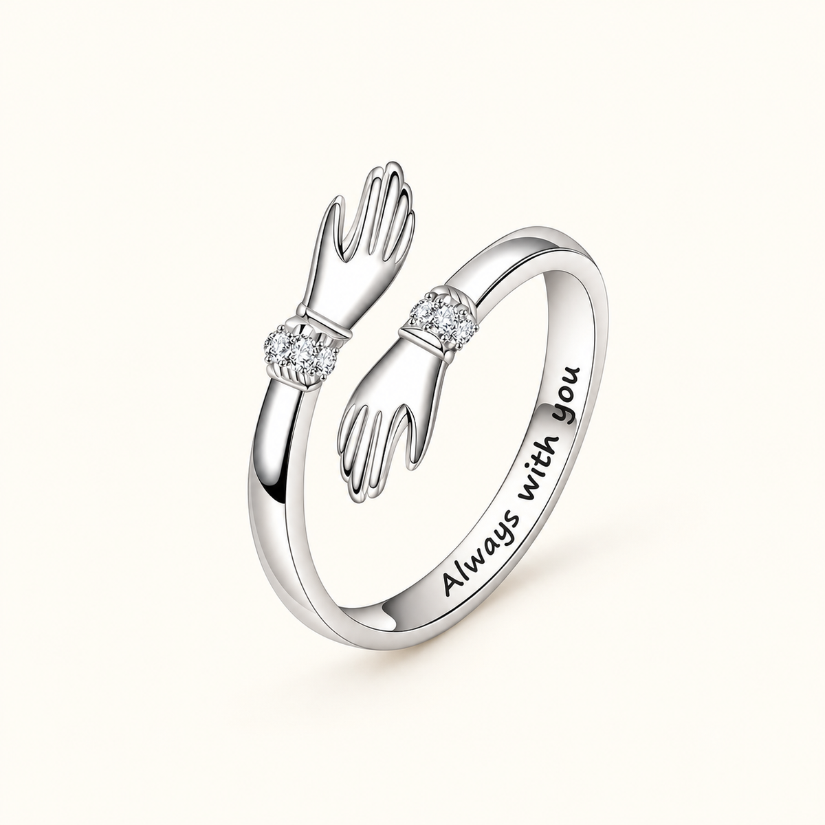 Women's Adjustable Hug Ring with Hand Motif, Stone Accents and Engraving