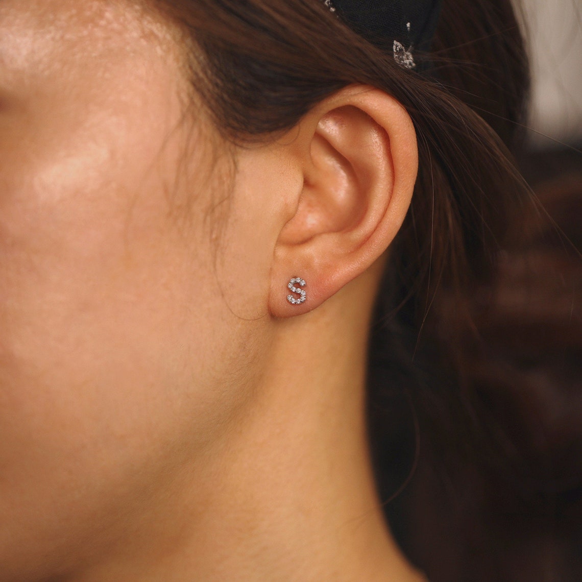 CZ silver initial earrings - delicate studs