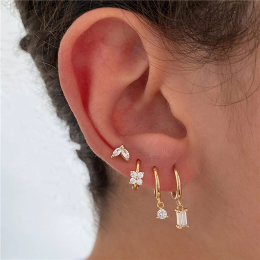 4-Piece Earring Set - Geometric Marquise Flower Zirconia