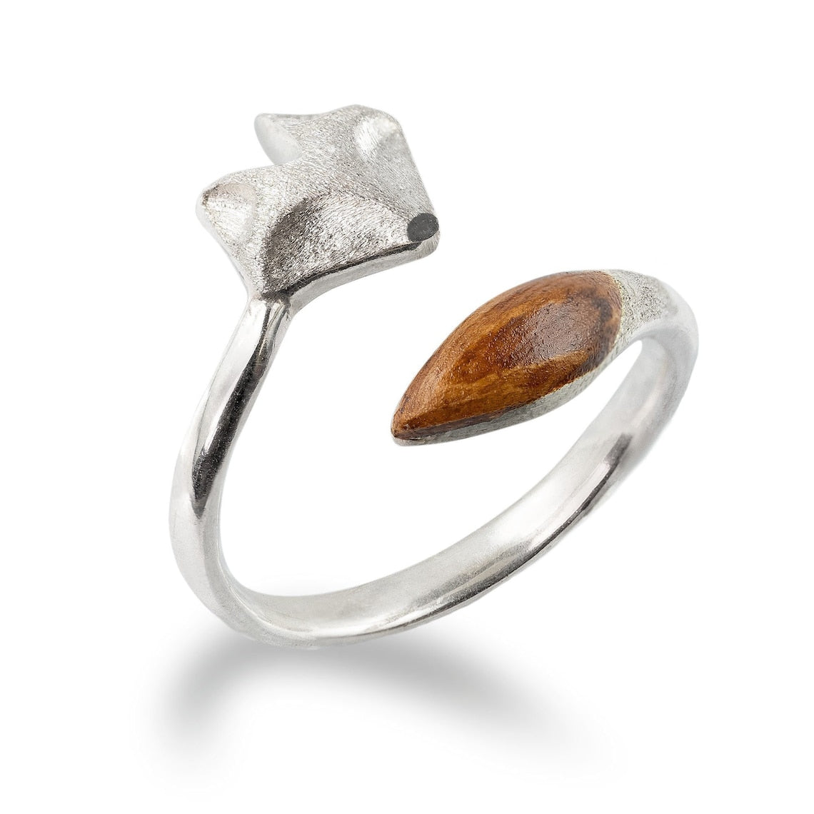 Adjustable Fox Ring made of Wood - Fox Face Silver Ring