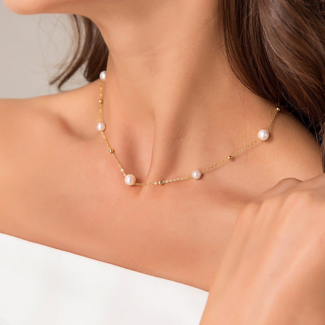 Gold Pearl Necklace - Alternating Pearls and Gold Links