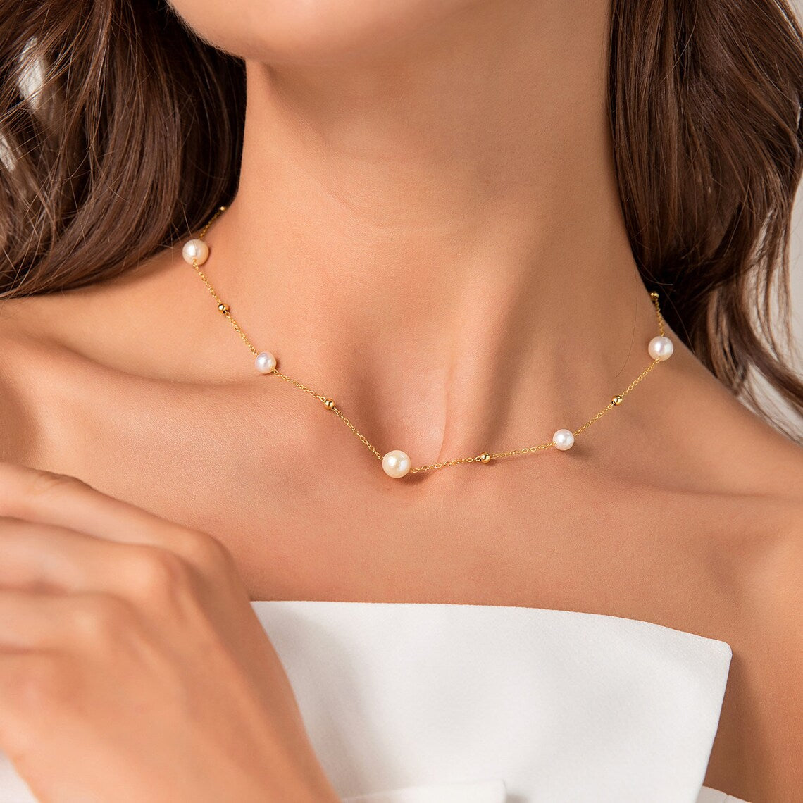 Gold Pearl Necklace - Alternating Pearls and Gold Links