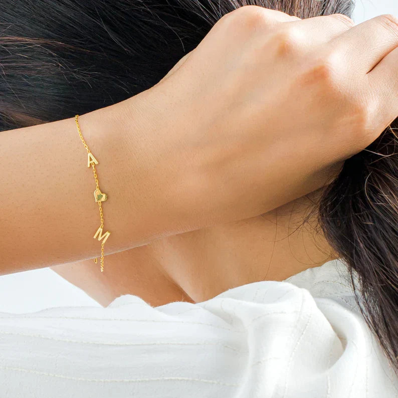 Bracelet with Double Initials - Double Love Heart Bracelet for Her