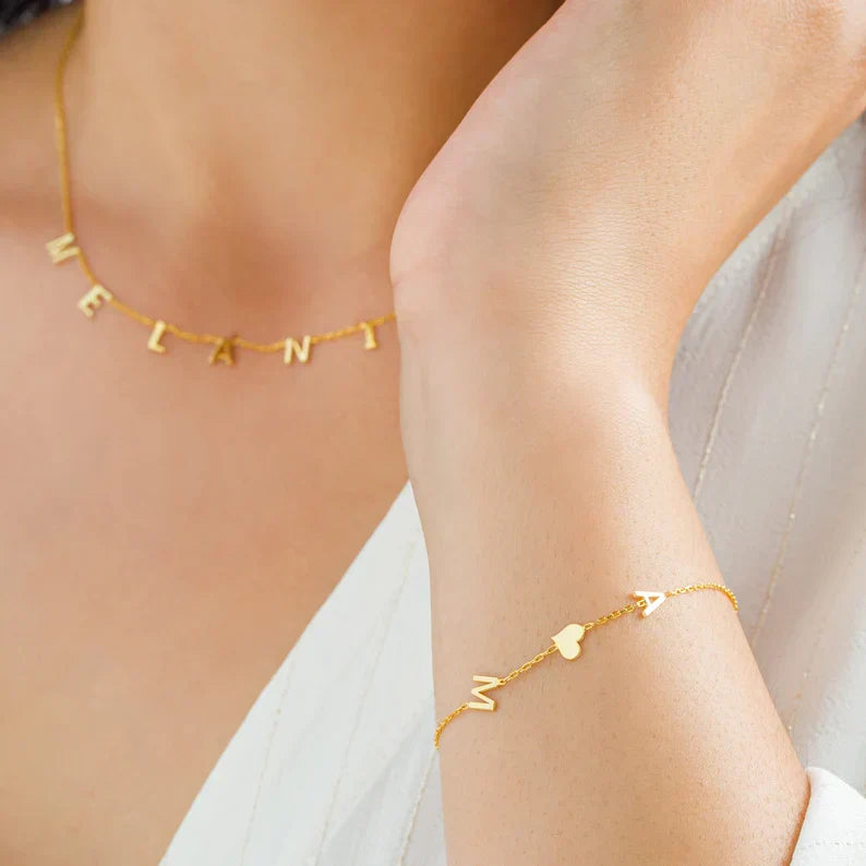 Bracelet with Double Initials - Double Love Heart Bracelet for Her