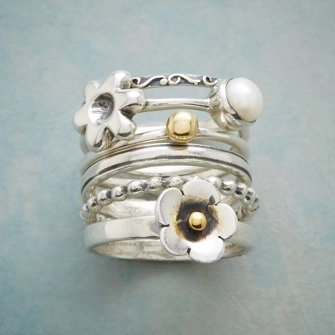 Women's Multi-Row Statement Ring with Floral Motifs and Round Pearl Detail
