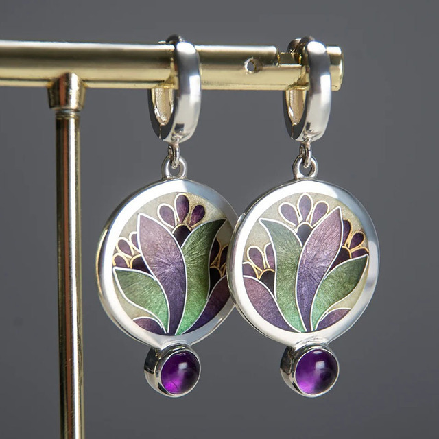 Women’s Drop Earrings with Oval Flower Motif and Round Stone Pendant