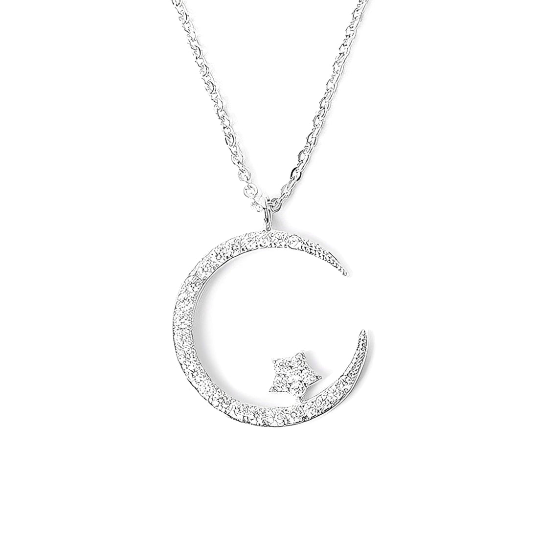 Women's Moon and Star Necklace with Curved Pendant and Stone Accents