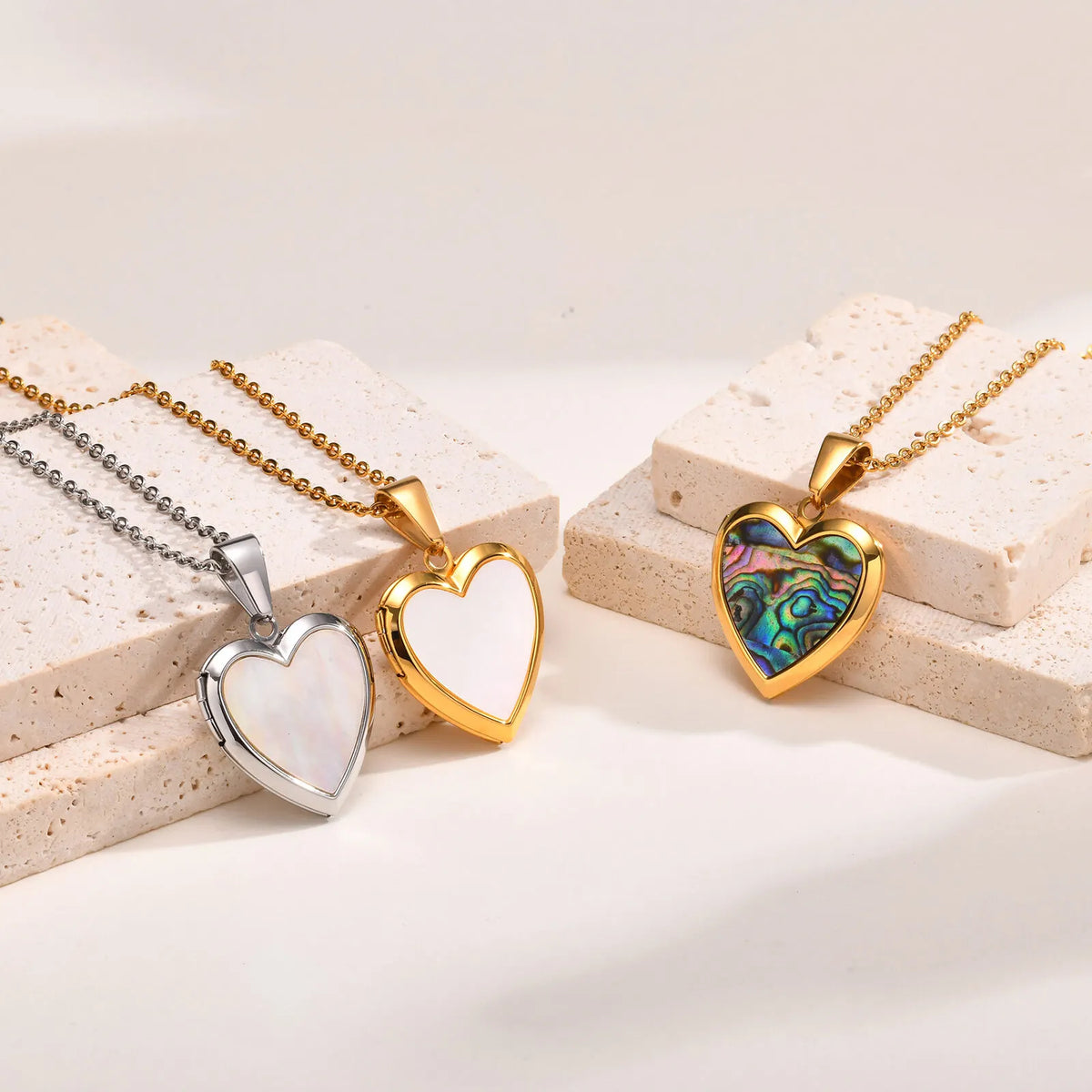 Women’s Heart Pendant Necklace with Iridescent Shell Inlay