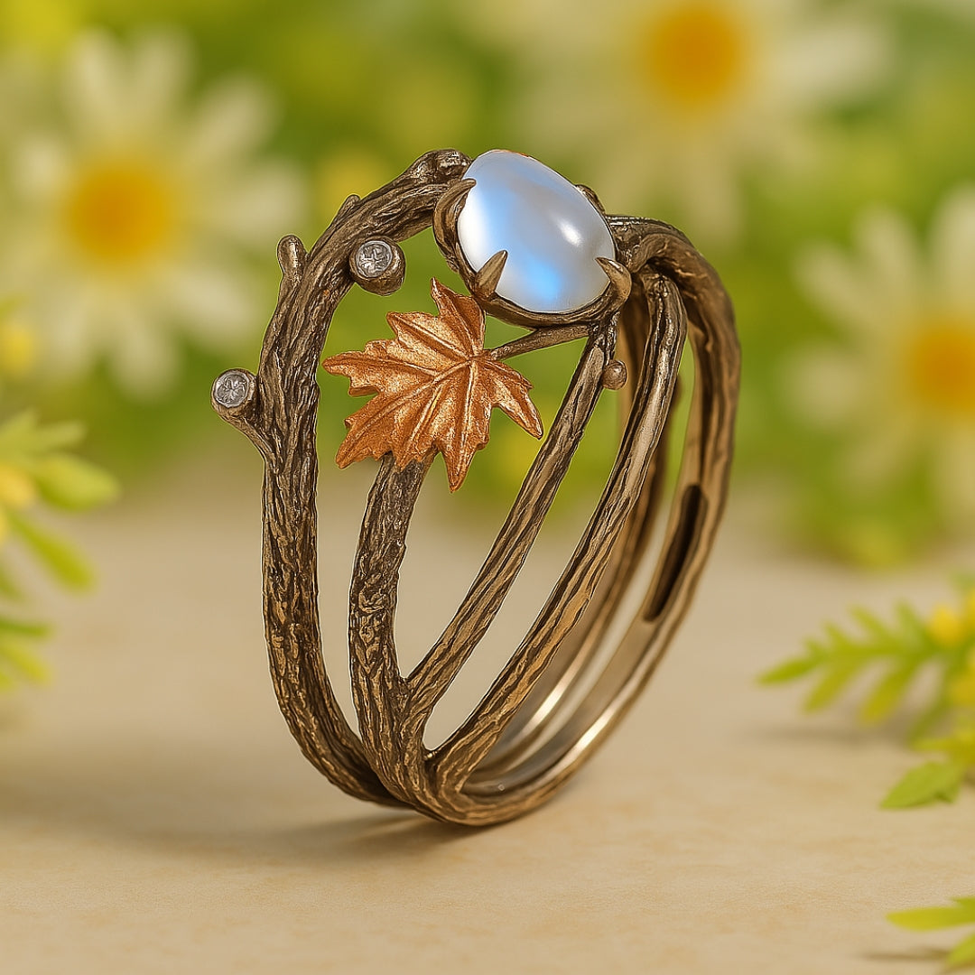 Celestia – Ring with moonstone and natural charm