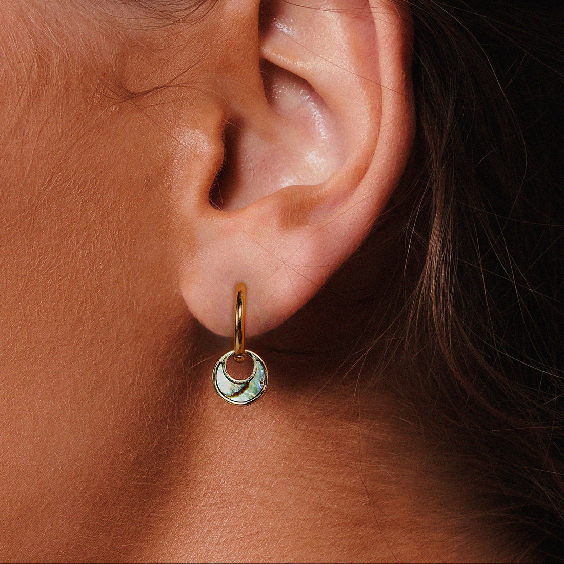 Women's Hoop Earrings with Round Pendant and Decorative Inlay