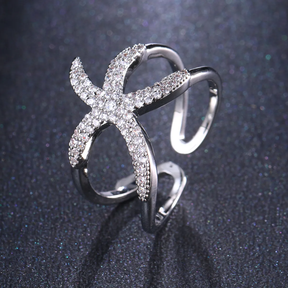 Women’s Adjustable Starfish Ring with Pavé Stone Setting and Open Band