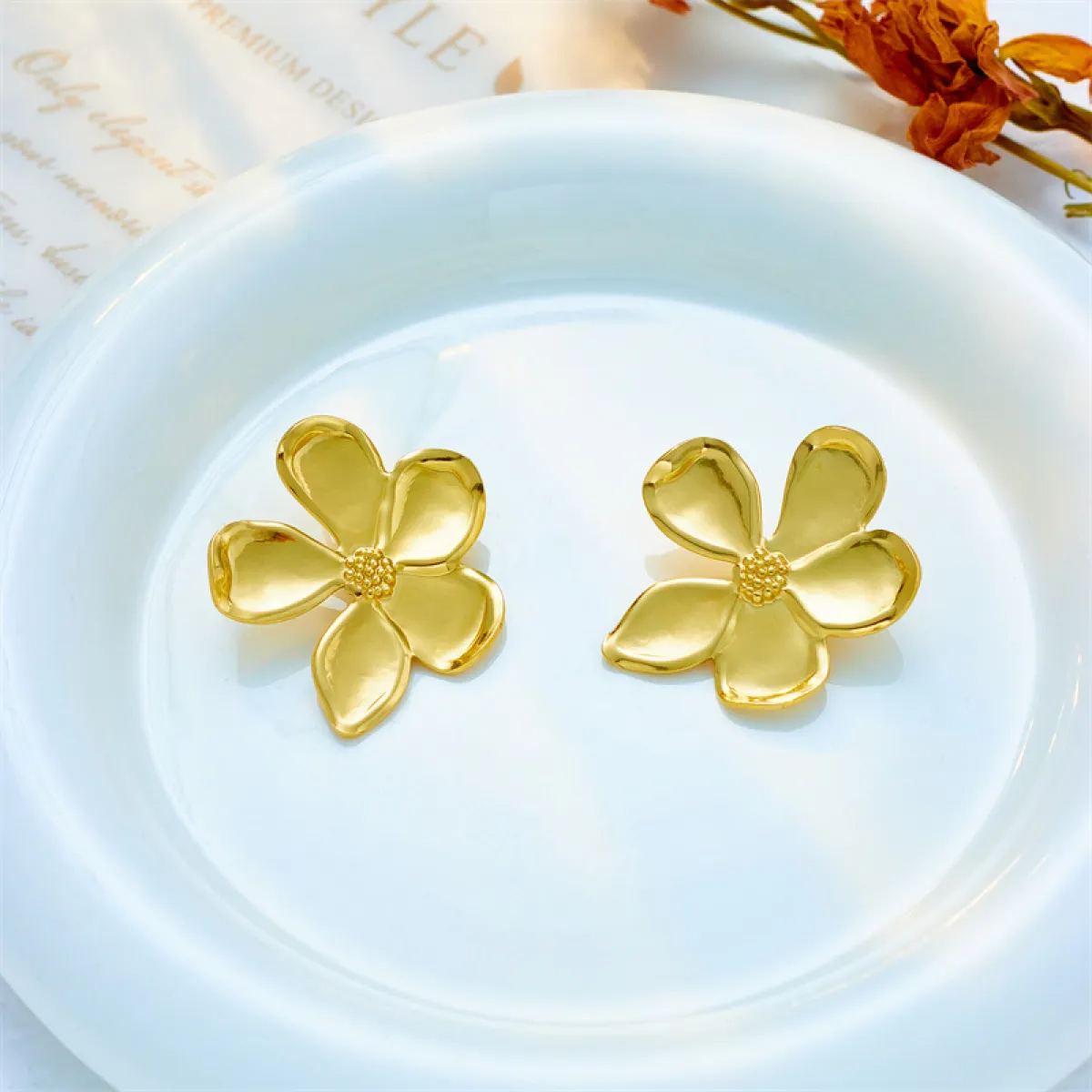 Women’s Flower Ear Studs with Five Petals and Curved Design