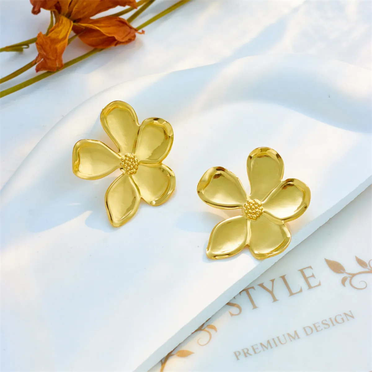 Women’s Flower Ear Studs with Five Petals and Curved Design
