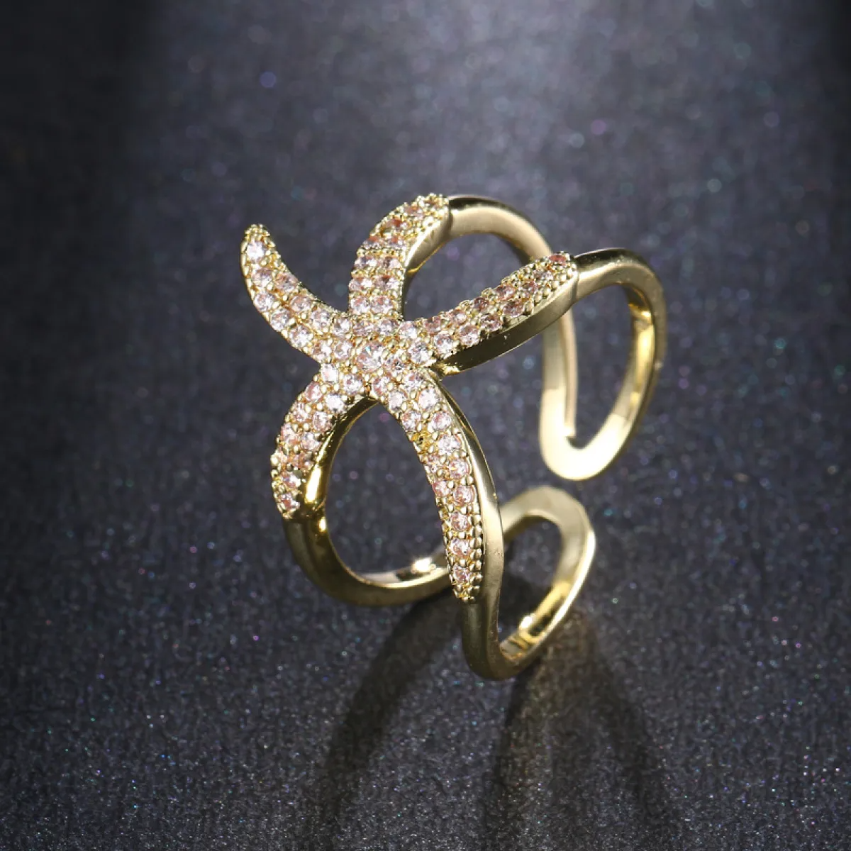 Women’s Adjustable Starfish Ring with Pavé Stone Setting and Open Band
