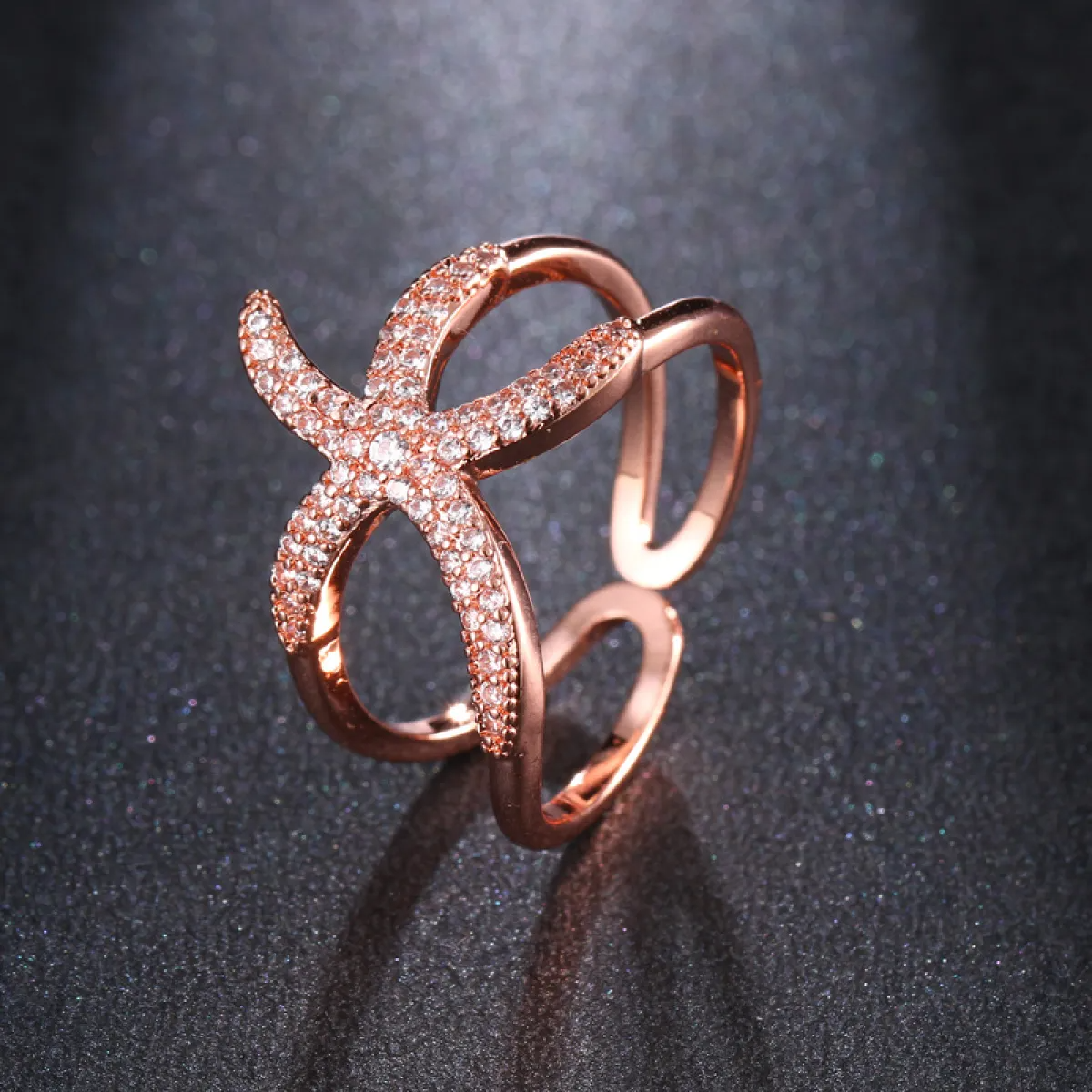 Women’s Adjustable Starfish Ring with Pavé Stone Setting and Open Band