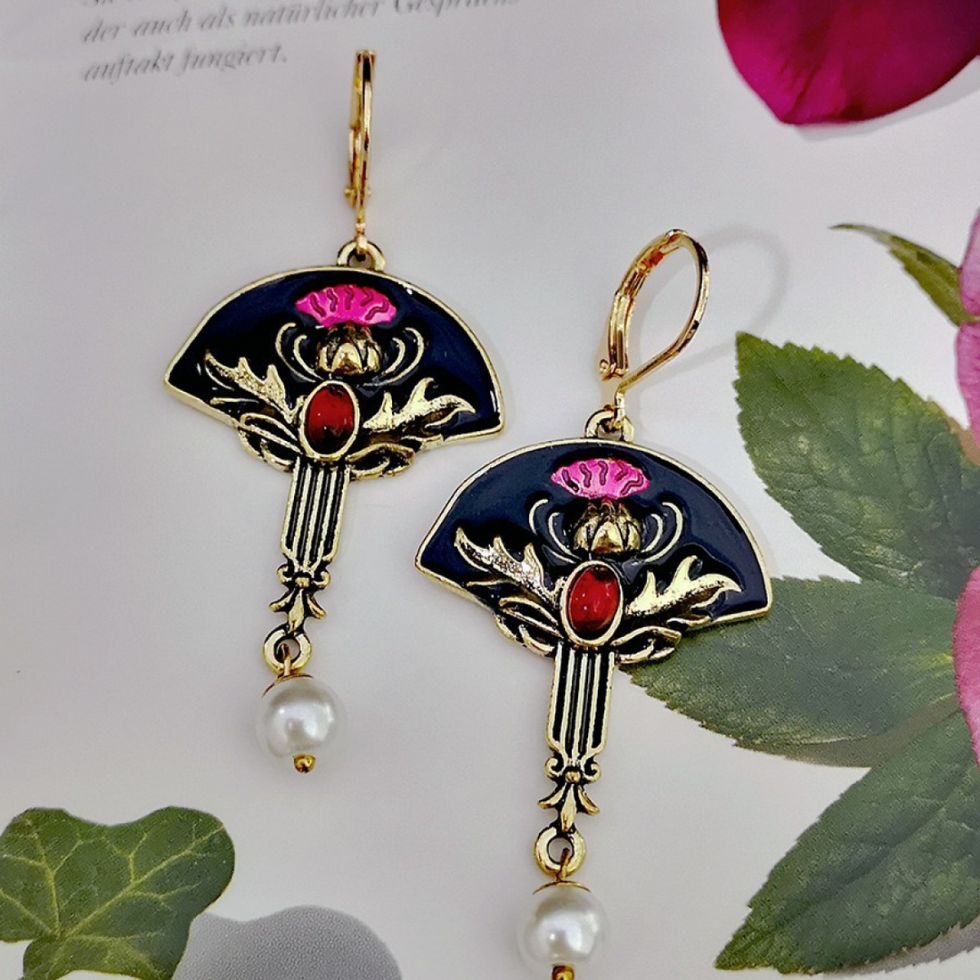 Women’s Drop Earrings with Floral Thistle Motif, Red Stone Accent and Pearl Detail
