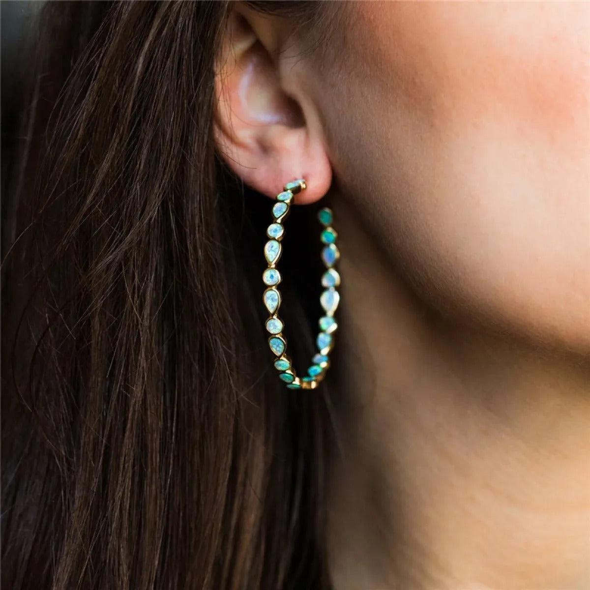 Raya – Vintage Hoops in Gold with Blue Opal