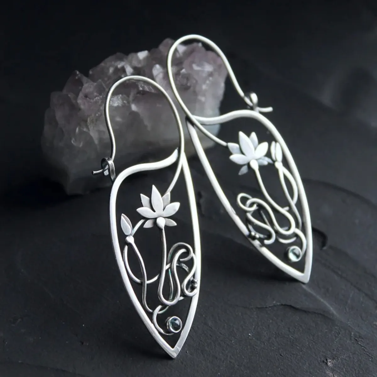 Women’s Lotus Flower Drop Earrings with Leaf-Shaped Frame and Delicate Line Motif