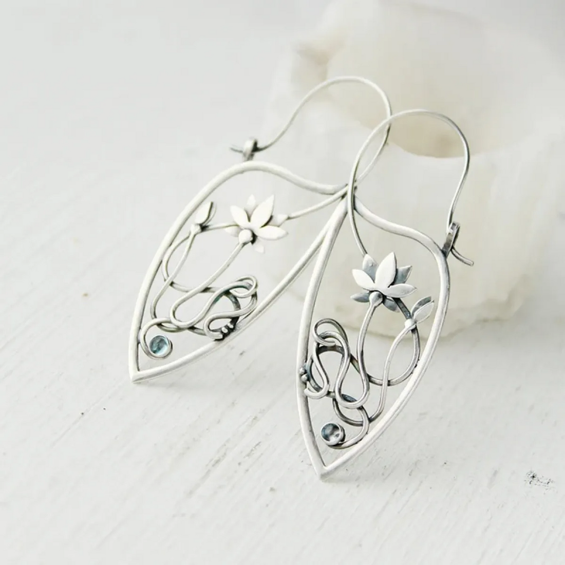 Women’s Lotus Flower Drop Earrings with Leaf-Shaped Frame and Delicate Line Motif