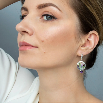 Women’s Drop Earrings with Oval Flower Motif and Round Stone Pendant