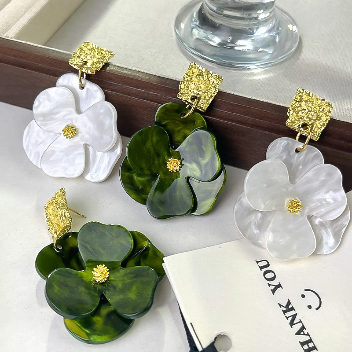 Women’s Flower Drop Earrings with Large Petals and Textured Ear Stud