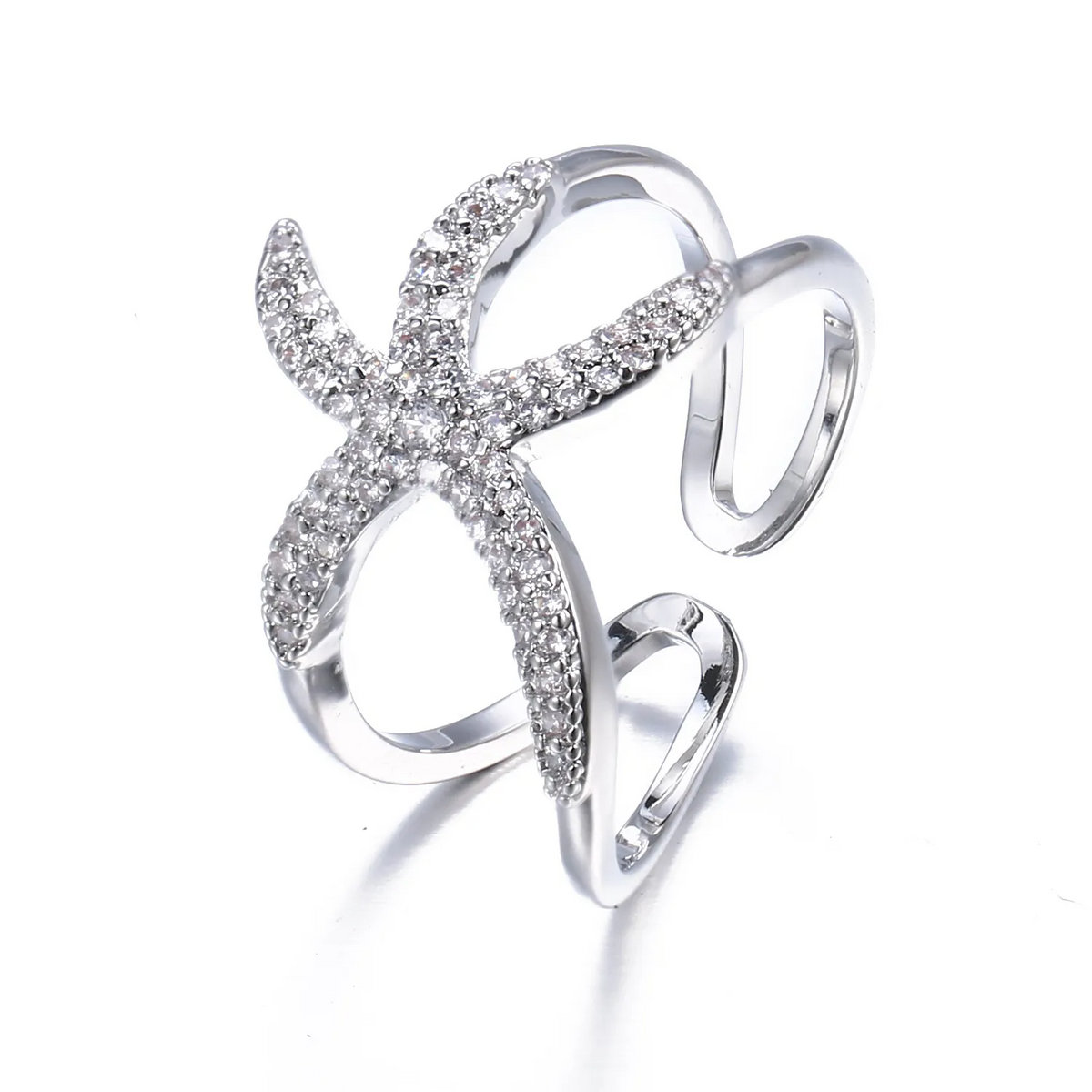 Women’s Adjustable Starfish Ring with Pavé Stone Setting and Open Band