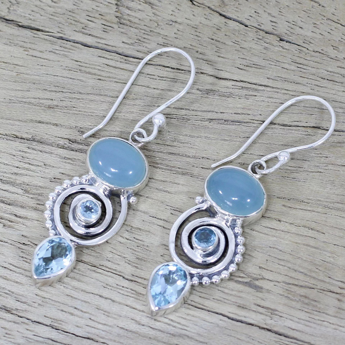 Women’s Drop Earrings with Round Center, Spiral Design and Drop Pendant