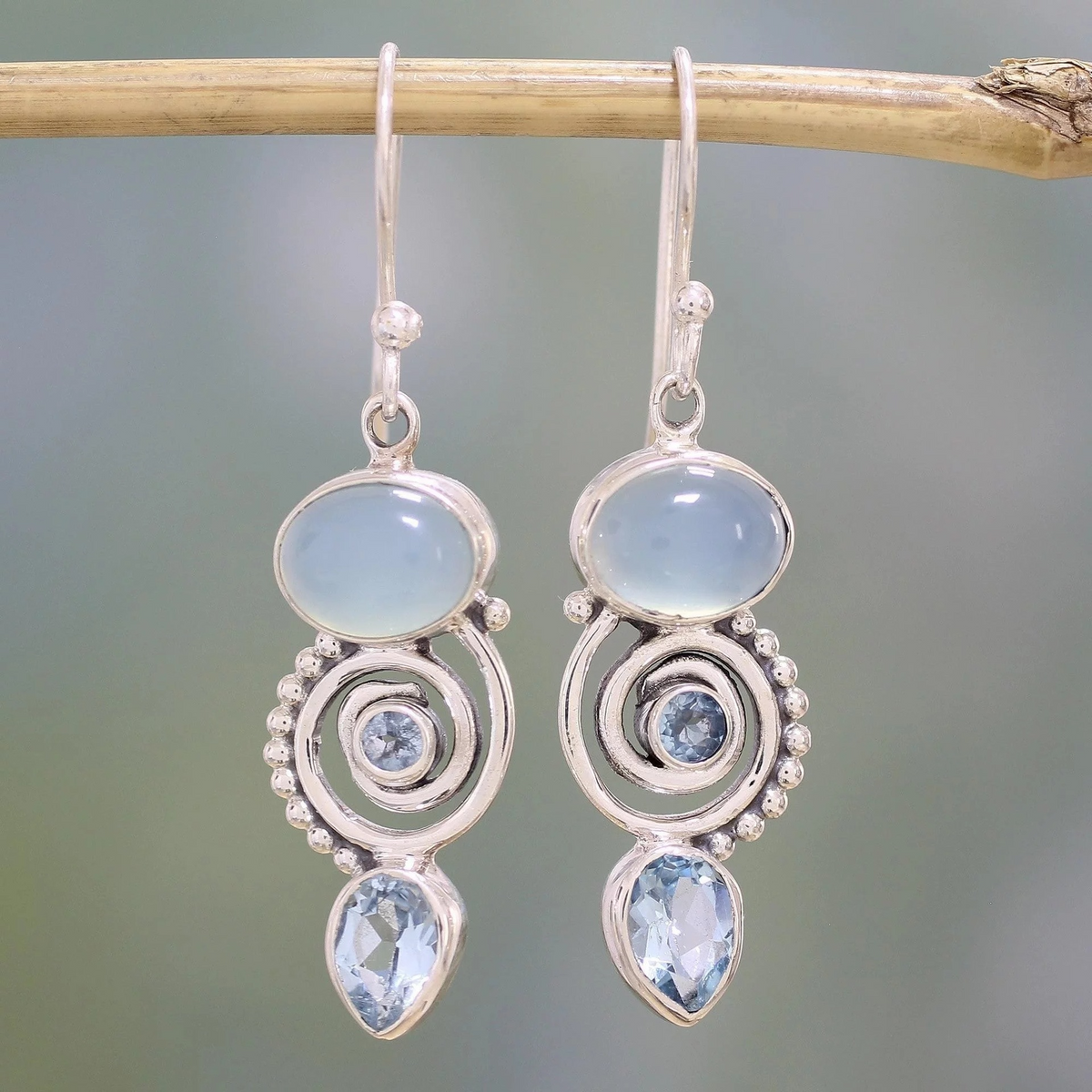 Women’s Drop Earrings with Round Center, Spiral Design and Drop Pendant