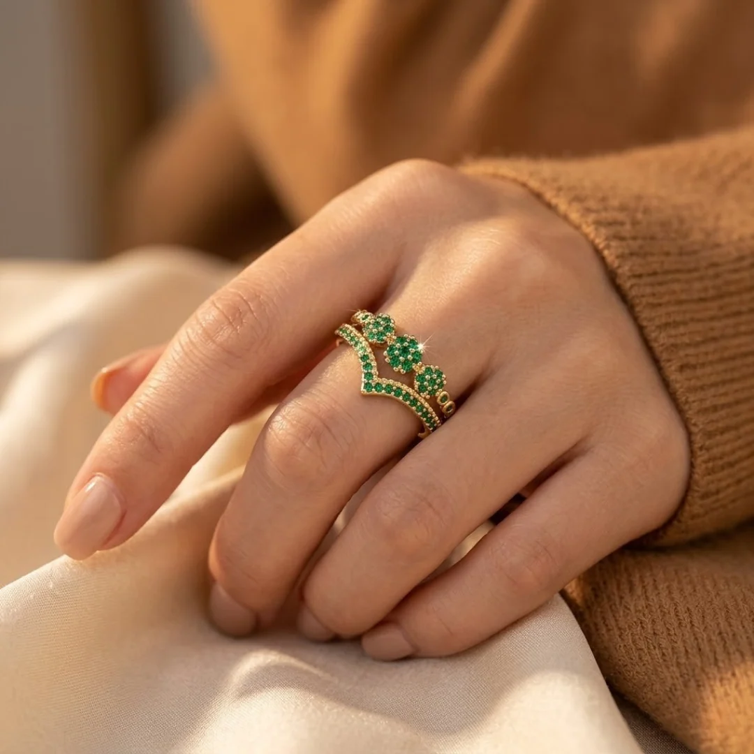 Women’s Adjustable Open Ring with Double Band and Round Stone Setting