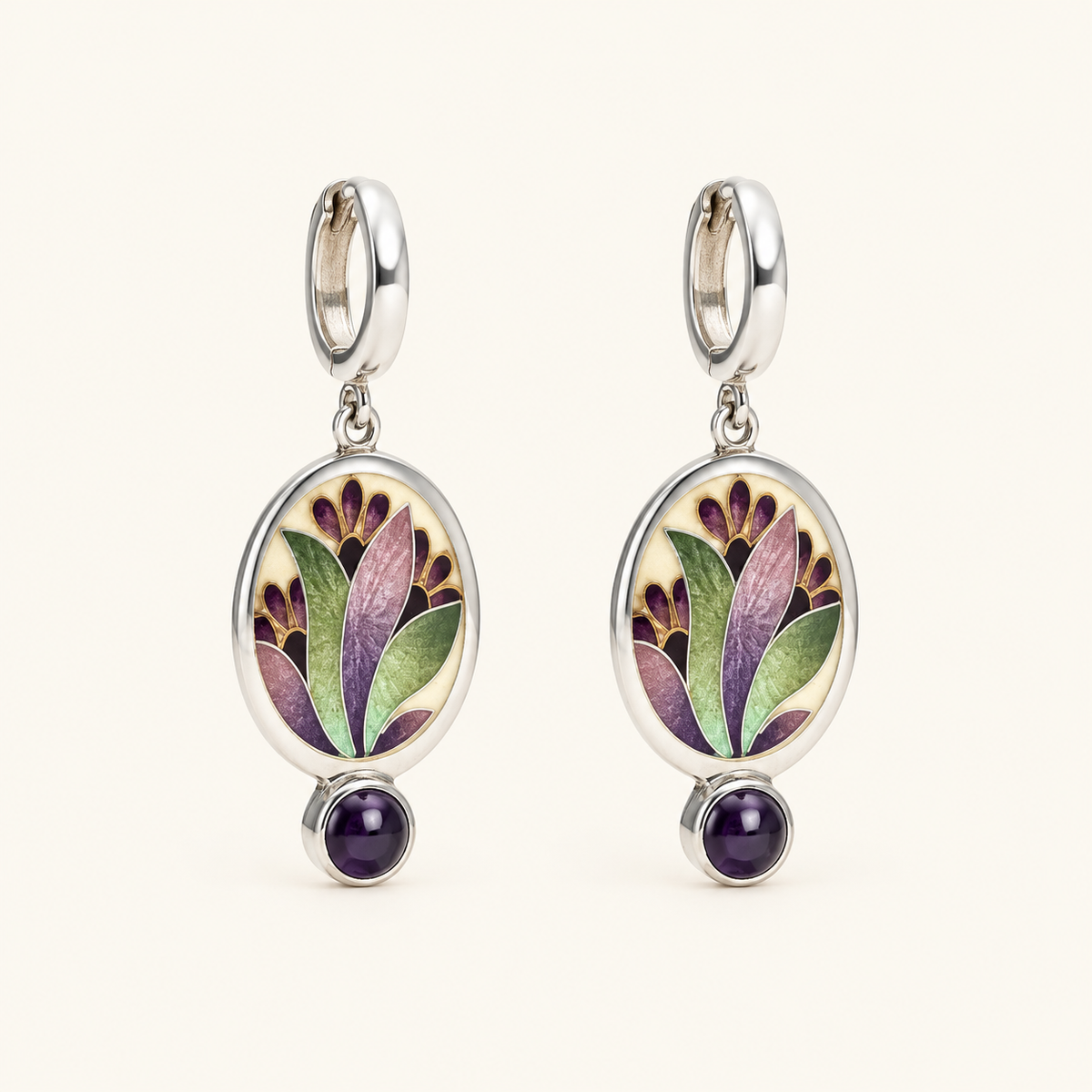 Women’s Drop Earrings with Oval Flower Motif and Round Stone Pendant
