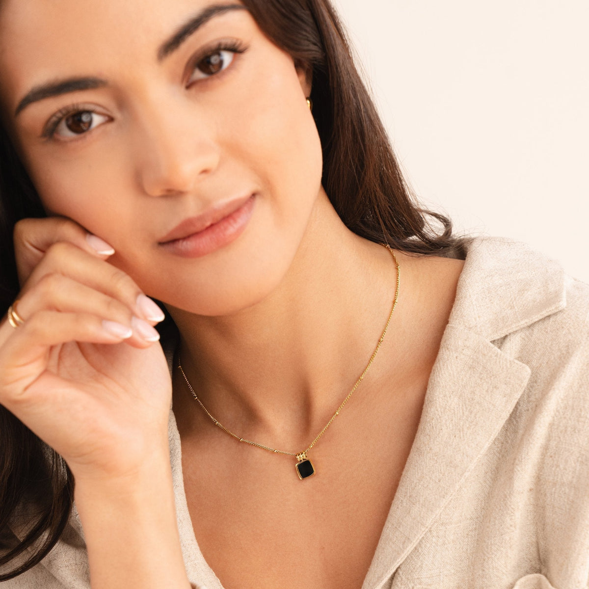 Women's Pendant Necklace with Rounded Square Pendant and Ball Details