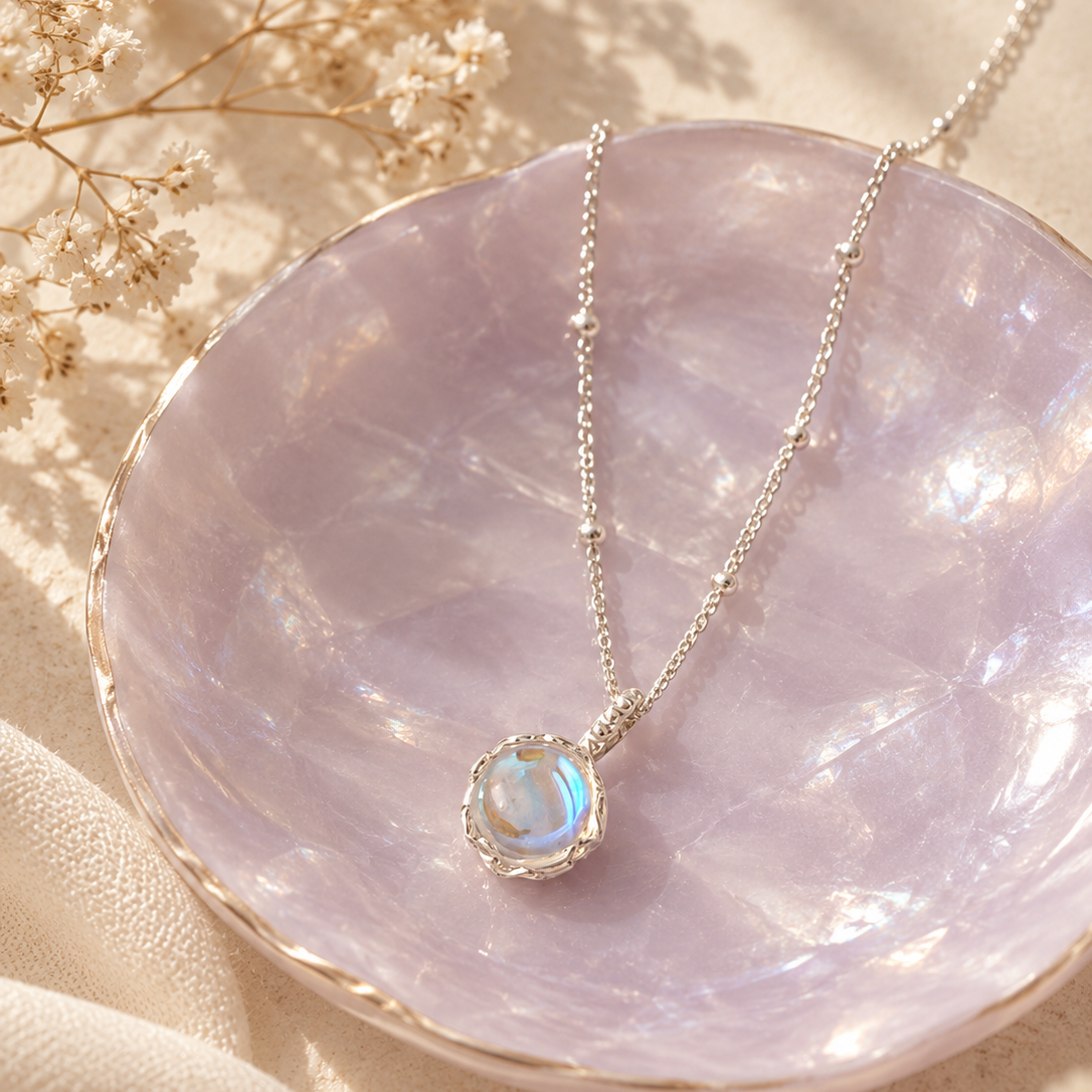 Women’s Moonstone Pendant Necklace with Round Center Piece and Ball Chain