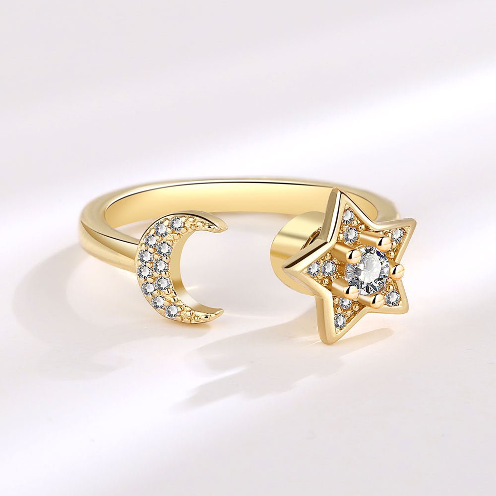 Women’s Adjustable Ring with Sun, Moon, and Star Motifs