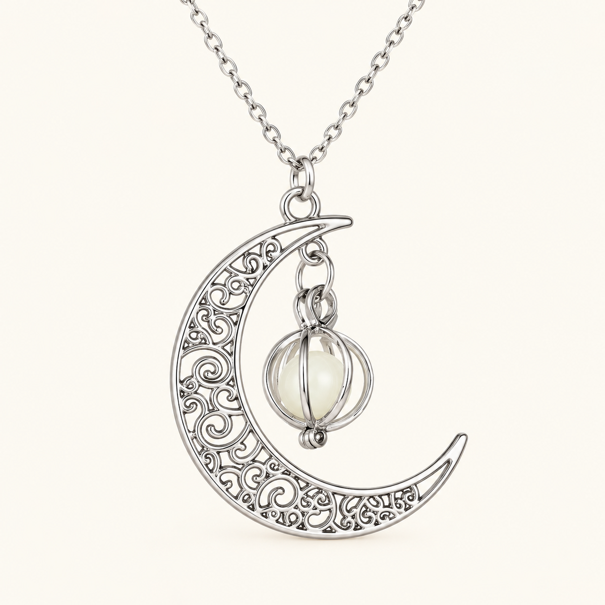 Women’s Moon Pendant Necklace with Glowing Round Center and Crescent Moon Design