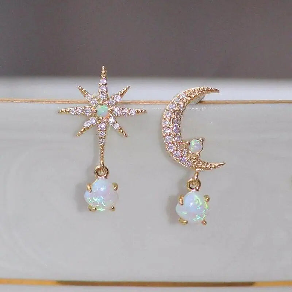 Women's Earrings with Moon and Star Motifs and Decorative Stone Accents