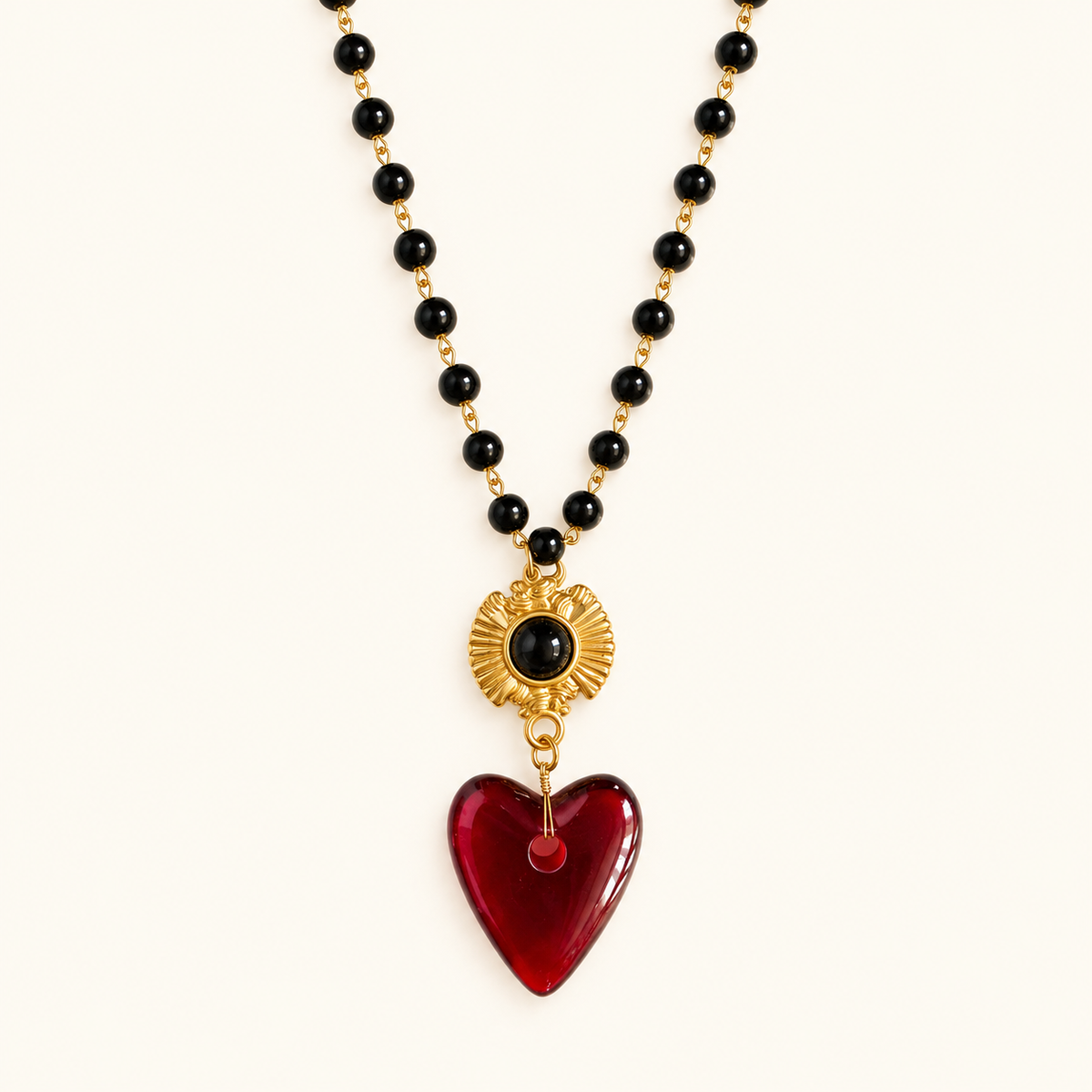 Women’s Heart Pendant Necklace with Black Pearl Necklace and Sunbeam Medal