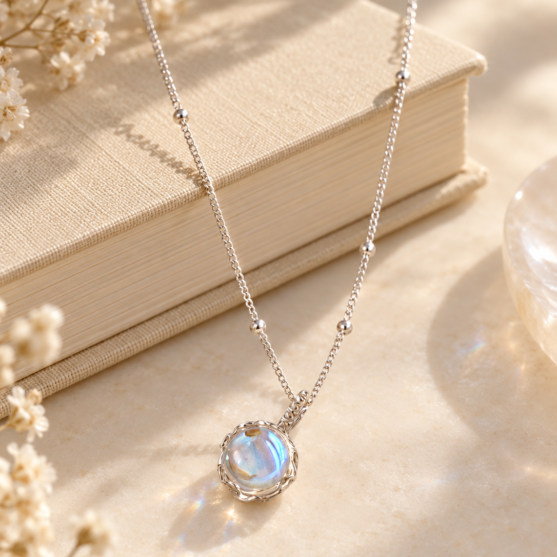 Women’s Moonstone Pendant Necklace with Round Center Piece and Ball Chain