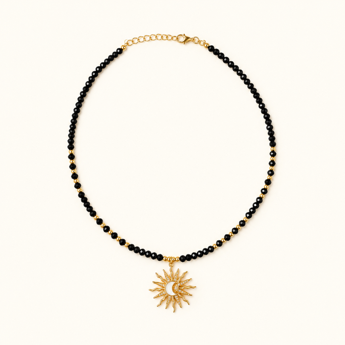 Pearl Necklace for Women’s with Sun and Moon Pendant and Faceted Glass Beads