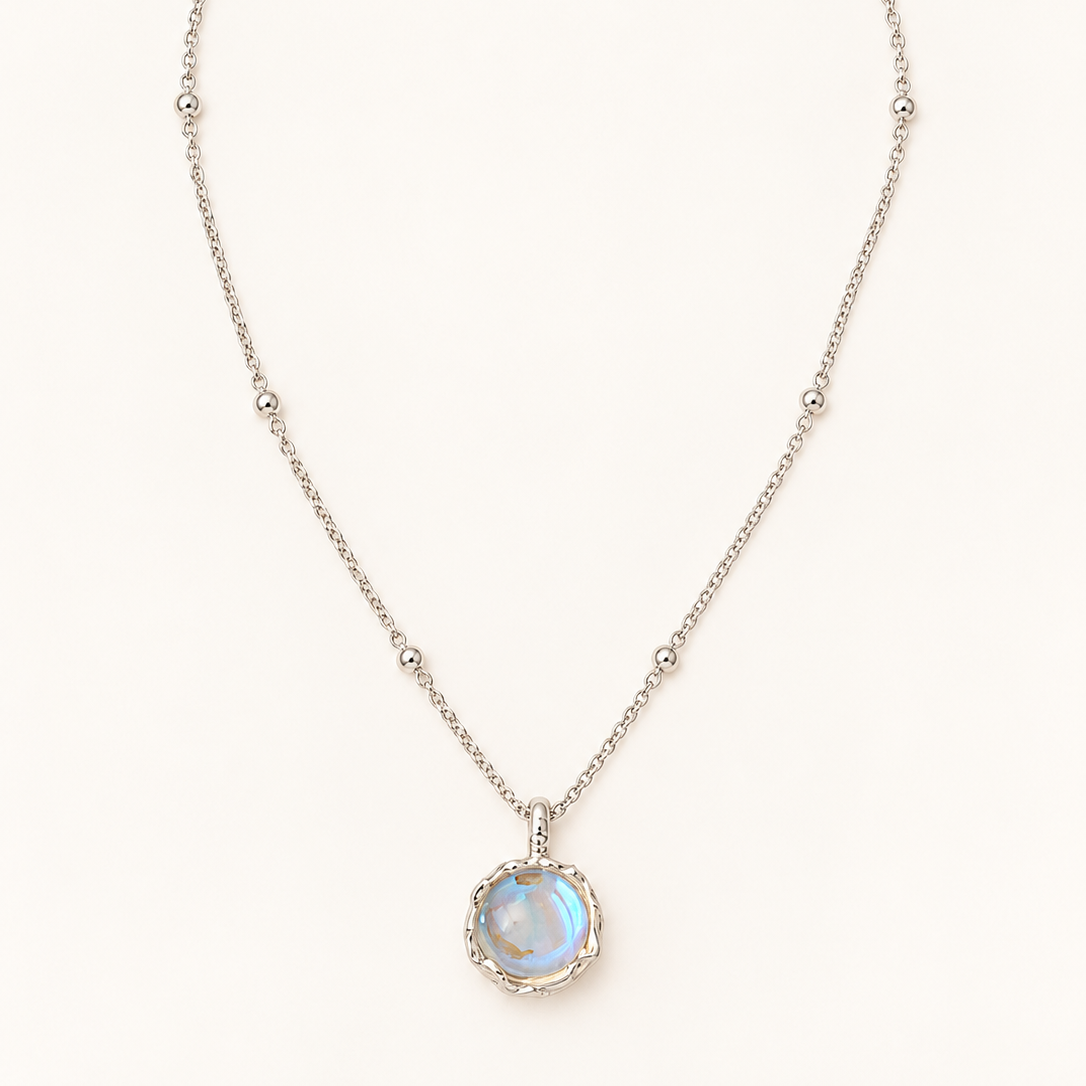 Women’s Moonstone Pendant Necklace with Round Center Piece and Ball Chain