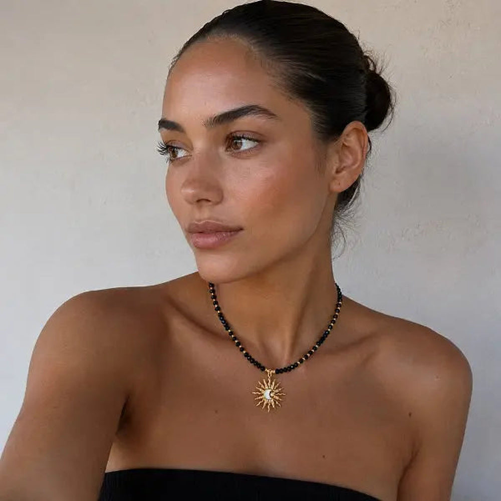 Pearl Necklace for Women’s with Sun and Moon Pendant and Faceted Glass Beads