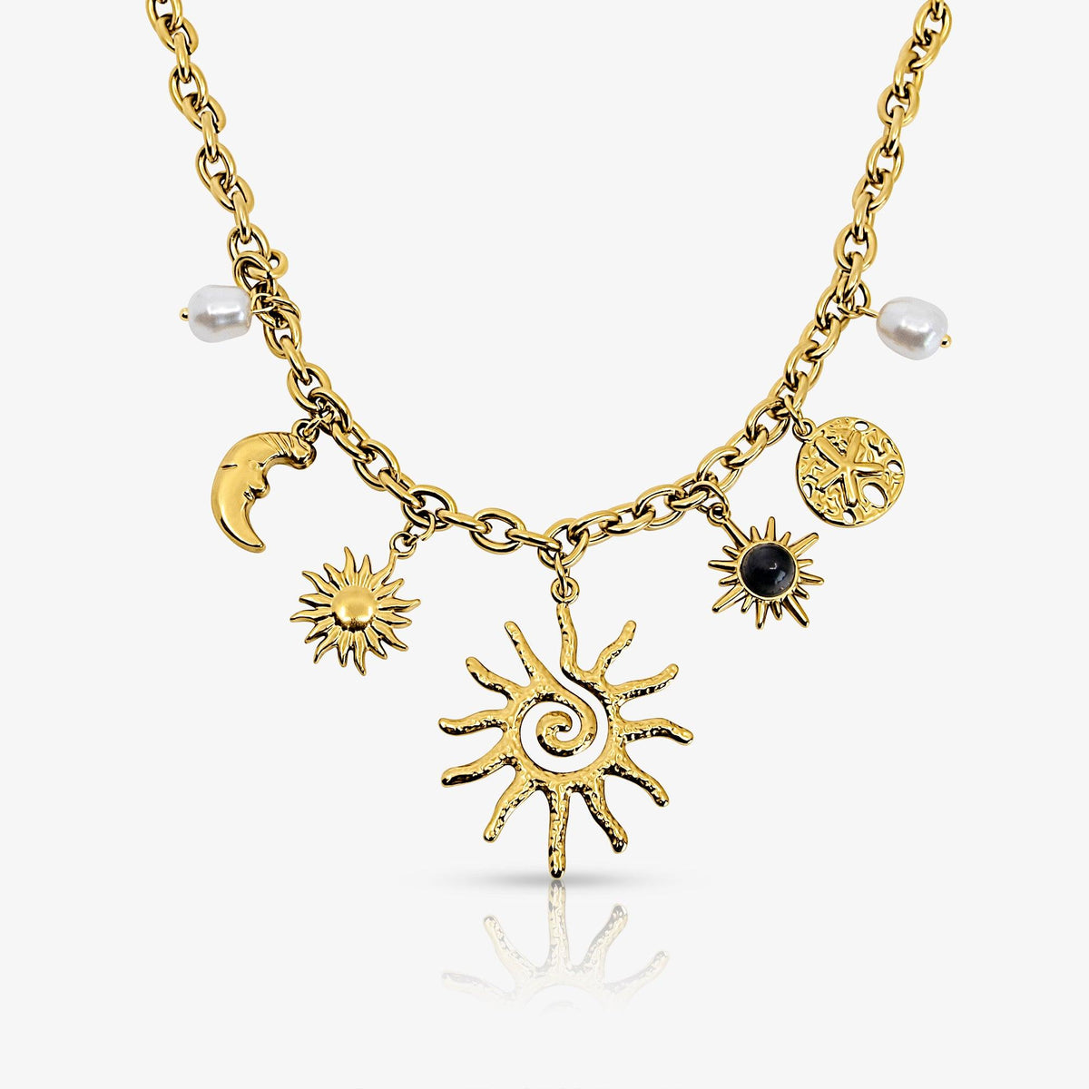 Women’s Charm Necklace with Sun, Moon, and Pearl Accents