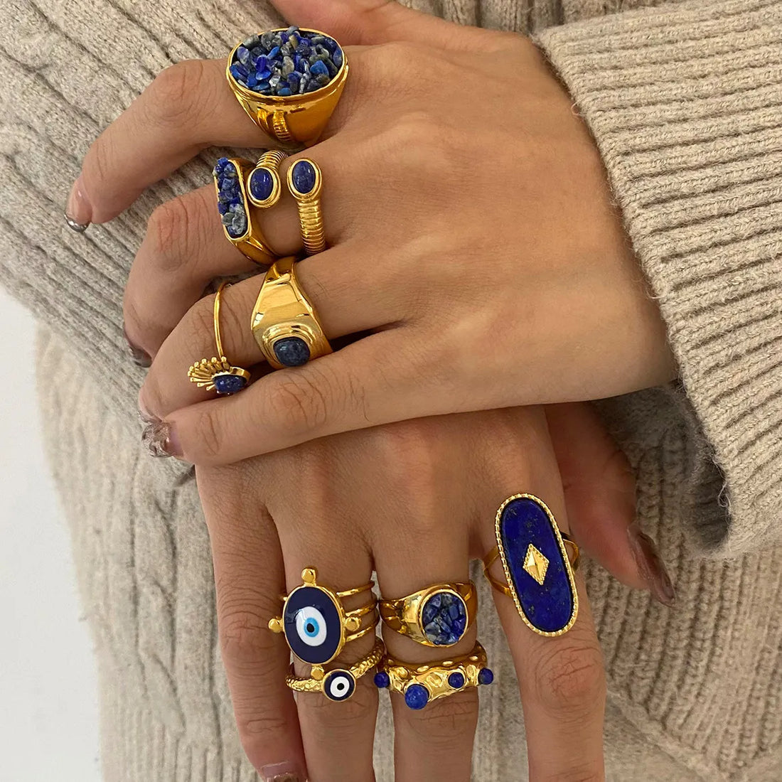 Women's Statement Ring with Lapis Lazuli and Evil Eye Motif