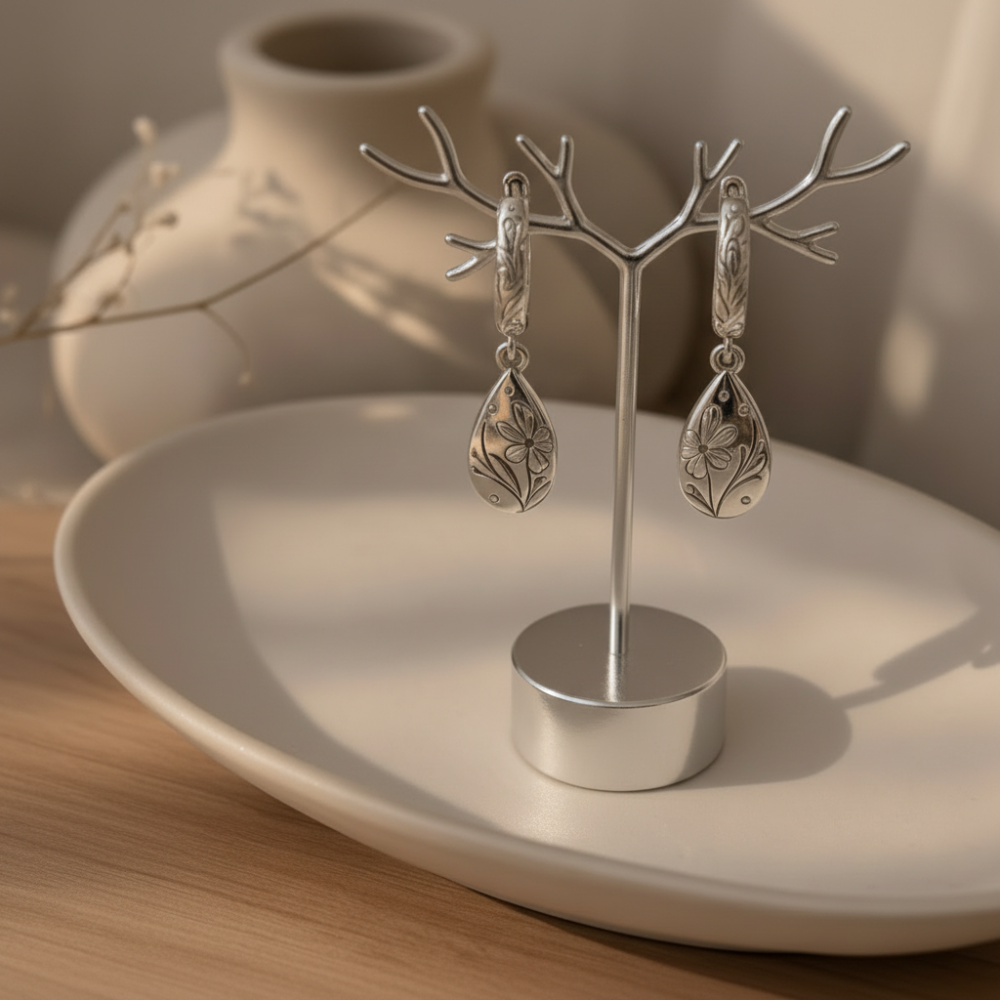 Engraved Floral Drop Earrings