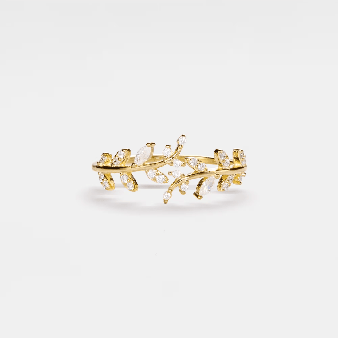 Women’s Adjustable Olive Branch Ring with Leaf Motifs and Stone Accents
