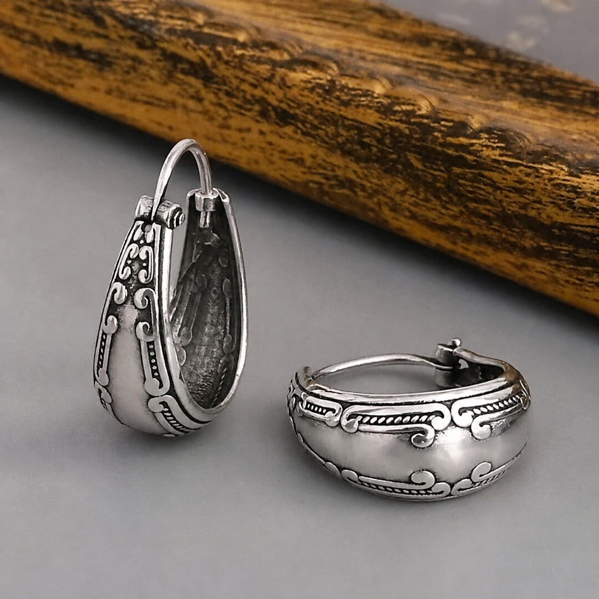 Women’s Hoops with Engraved Mandala Pattern and Rounded Shape