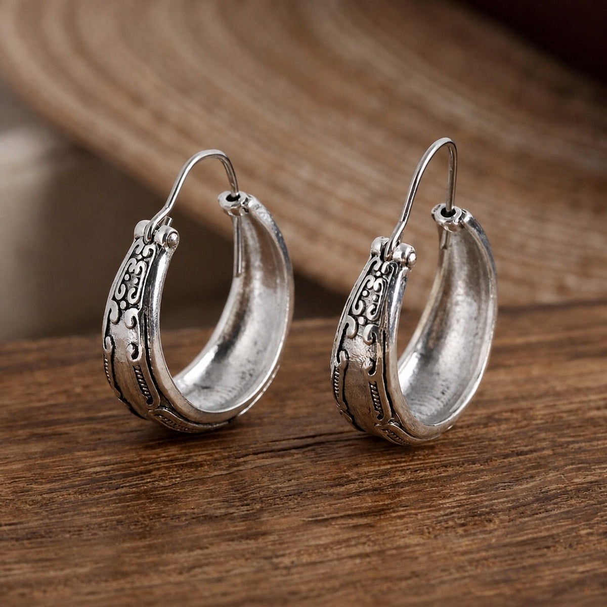 Women’s Hoops with Engraved Mandala Pattern and Rounded Shape