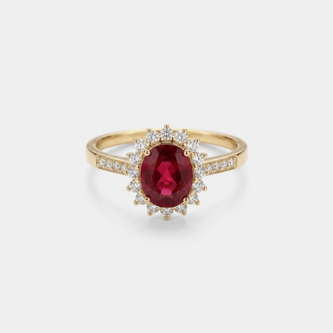 Women’s Ring with Oval Garnet Center Stone and Halo Stone Setting